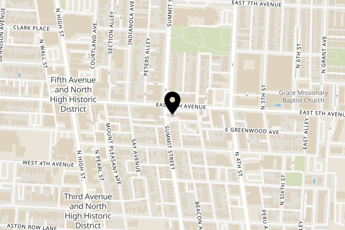 Map showing the location of Del Baggio Pizzeria on 127 East 5th Avenue in Columbus